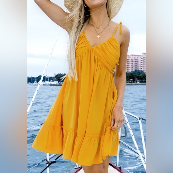 NWT Honeymoon Vacation CupShe Yellow Sunshine Tie Shoulder Mini Dress - Picture 1 of 8